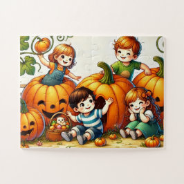 Kinderen spelen in een pompoen patch legpuzzel