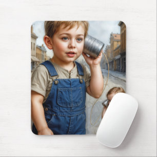 Kinderen spelen met retro blikken telefoon muismat