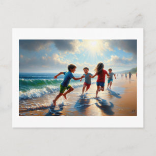 Kinderen spelen op een zonnig strand, briefkaart