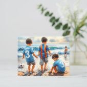 Kinderen spelen op het strand, briefkaart (Staand voorkant)