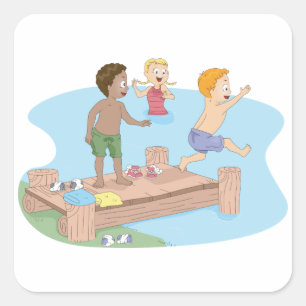 Kinderen springen in het meer Zomer zwemmen Vierkante Sticker