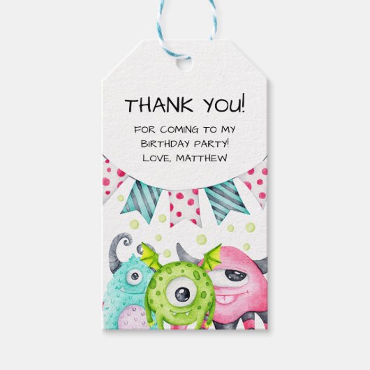 Kinderen Verjaardag Waterverf Monsters Dank u Cadeaulabel (Voorkant)
