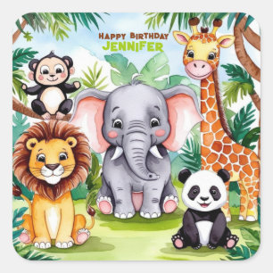 Kinderen Verjaardagsfeest Leuke Dieren Safari Oerw Vierkante Sticker