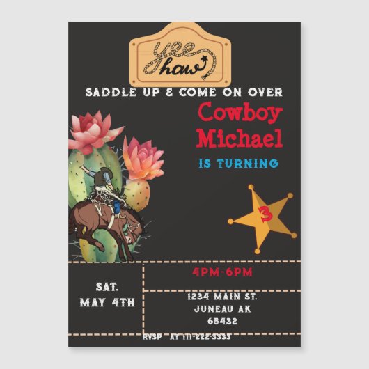 Kinderen Wild West Cactus Verjaardag Jongen Magnetische Uitnodiging (Voorkant)