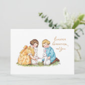  kinderen, witte Bunnies, paasbegroeting Feestdagenkaart (Staand voorkant)