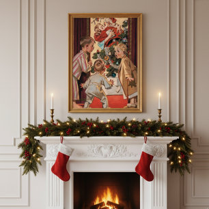 Kinderen zien mam Kissende Santa Claus Vintage Poster