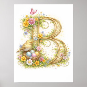 Kinderkamer Letter B Baby Initiaal Goud Bloemmotie Poster