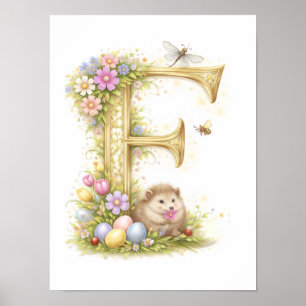 Kinderkamer Letter F Egel Baby Initiaal Goud Bloem Poster