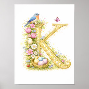 Kinderkamer Letter K Blauw Vogel Baby Initiaal Gou Poster