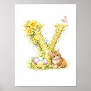Kinderkamer Letter Y Baby Kitten Initiaal Goud Blo Poster
