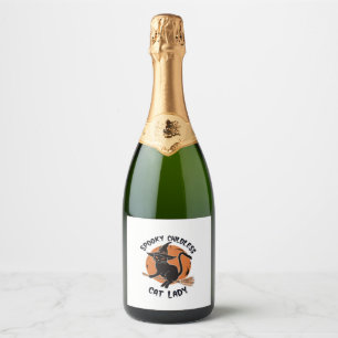 Kinderloze Cat Lady Halloween Spooky Witch Verkiez Sparkling Wijnetiket