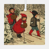 Kinderskiën, een  winterscène glas ornament (Achterkant)