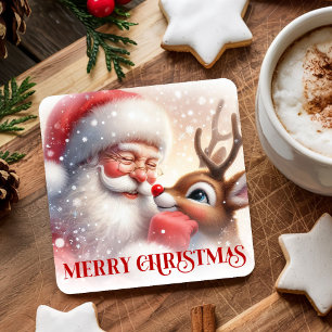 Kinderstijl Kerstman Rudolph Mooie Kerst Onderzett Vierkante Kartonnen Onderzetter