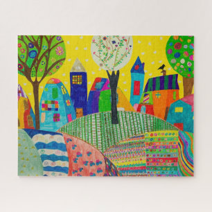 Kindertekening van een stad legpuzzel