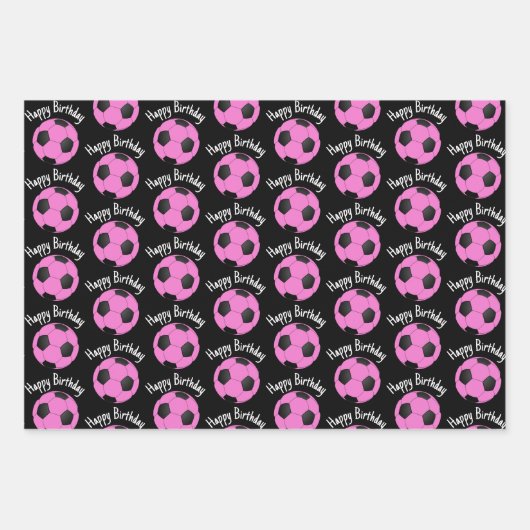 Kinderverjaardag Roze & Zwart Voetbal Inpakpapier Vel (Voorkant 3)