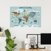 Kinderwereldkaart met leuke illustraties poster (Thuiskantoor)