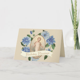 Kindje Jezus Blauw Bloemenkrans Religieus Kaart