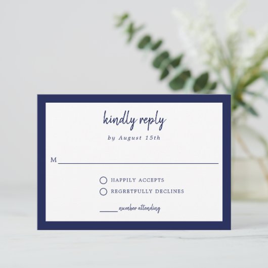 Kindly Reply Blue Wedding Elegant Simple Script RSVP Kaartje (Staand voorkant)