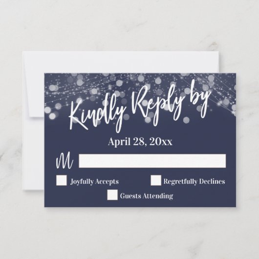 Kindly Reply by Typography Sparking Lights Navy RSVP Kaartje (Voorkant)