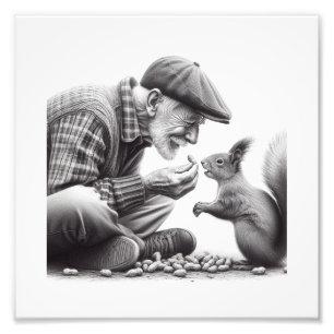 Kindred Spirits: Oudere Man Voedende Eekhoorn Muur Foto Afdruk