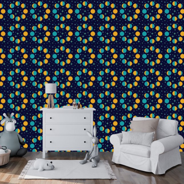 Kind's Moon Phases en Star Twinkles Donkerblauw Behang (Kid's Room or Playroom Moon Phases and Stars Twinkles Dark Blue | Golden Yellow | Aqua Wallpaper)