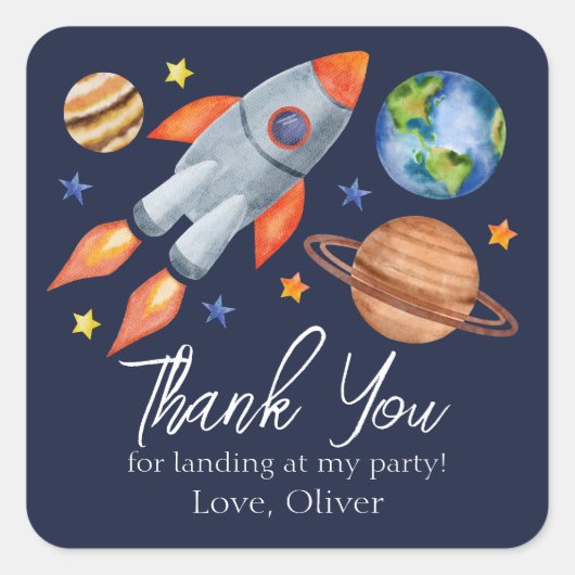 Kind's Space Theme Verjaardag Dank u Vierkante Sticker (Voorkant)