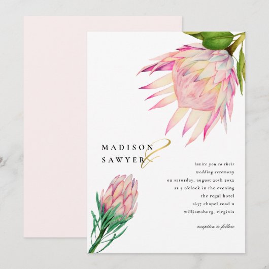 King Protea Roze Waterverf Flower Wedding Kaart (Voorkant / Achterkant)