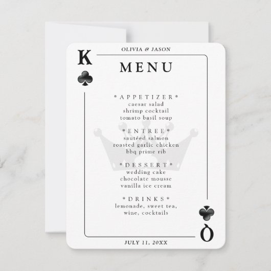 King & Queen of Clubs Jouer Carte Mariage Menu (Devant)