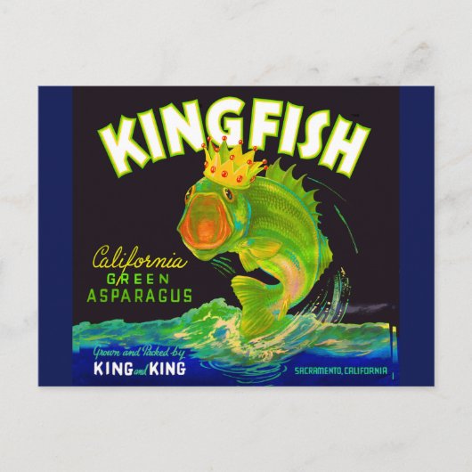 Kingfish aspergetiket van 1930 briefkaart (Voorkant)