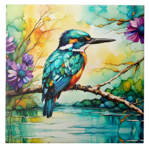 Kingfisher bergen, water en wilde bloemen tegeltje