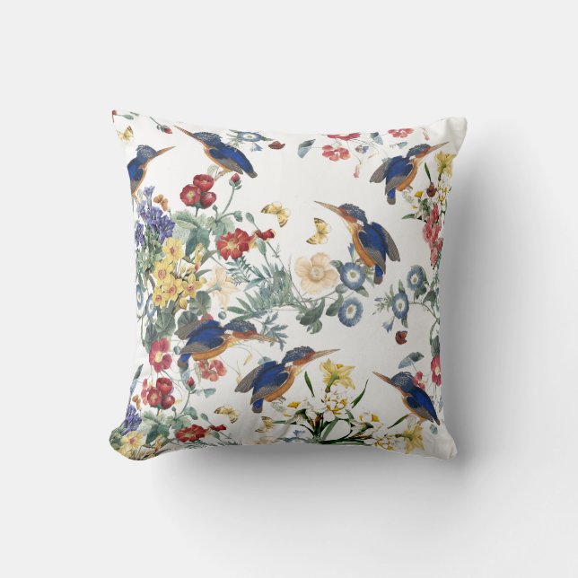 Kingfisher Bird Butterfly Garden Flower Pillow Kussen (Voorkant)