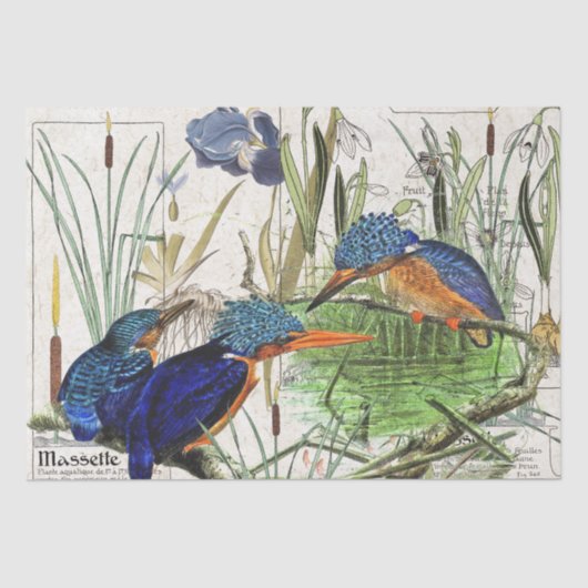 Kingfisher Birds Cattail Iris Flowers Tissue Paper Tissuepapier (Voorkant)