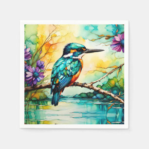 Kingfisher boven water en wilde bloemen servet