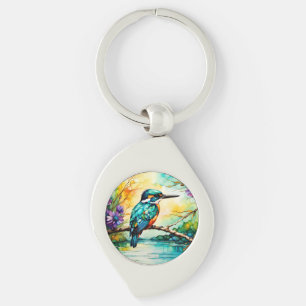 Kingfisher boven water en wilde bloemen sleutelhanger