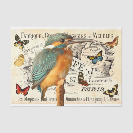 Kingfisher & Butterflies Oudfrans Ad Decoupage 2 Tissuepapier (Voorkant)