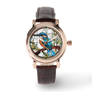 Kingfisher Glas in lood Sinaasappel Blauwe Vogel Horloge