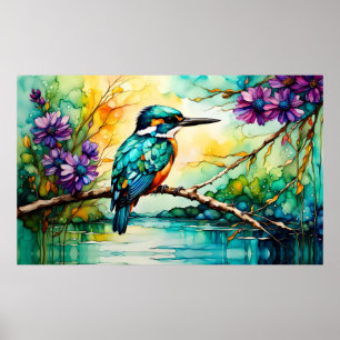 Kingfisher neergestreken over water Wilde bloemen Poster