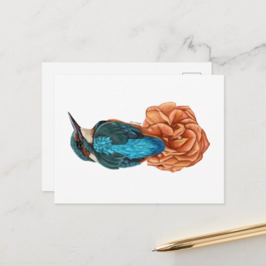 Kingfisher sur carte postale à fleurs (Devant/Arrière en situation)