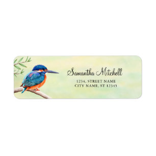 Kingfisher Waterverf Blue Oranje Bird Etiket