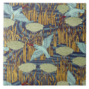 KINGFISHERS EN BLOEMENDE RUSH Art Nouveau Floral Tegeltje