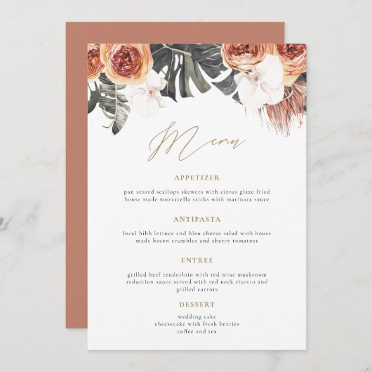 KINSLEY Boho Terracotta Floral Mariage Dîner Menu (Devant / Derrière)