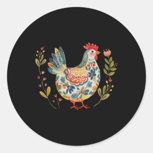 Kip Boho Bloem Volkskunst Bloemenkippenfokker Kip Ronde Sticker