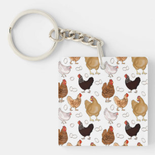 Kip en Eieren Patroon op Wit Sleutelhanger
