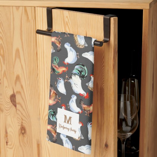 Kip familie boerderij Monogram Theedoek (Derde Gevouwen)