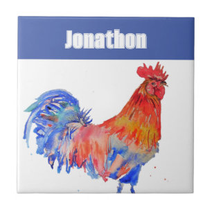 Kip Haan Vogel Jongens Namen Blauw Rood Tegeltje