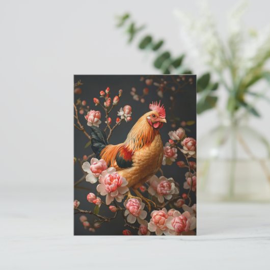 Kip omgeven door roze bloemen briefkaart (Staand voorkant)