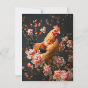 Kip omgeven door roze bloemen briefkaart