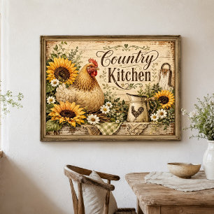 Kip Zonnebloemen Landelijk Boerderij Keuken Poster