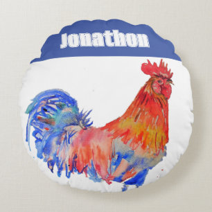 KiphaanVogelJongensNamenBlauwRood Rond Kussen