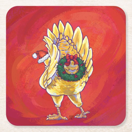 Kipkerst op rood vierkante kartonnen onderzetter (Voorkant)